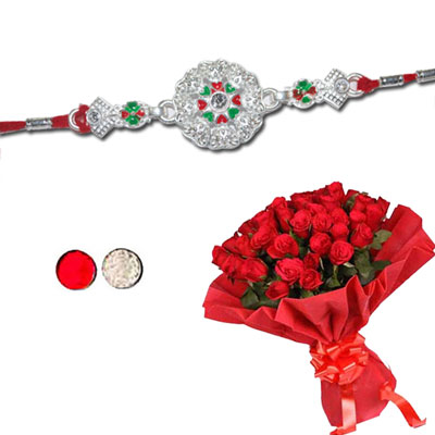 "Silver Coated Rakhi - SIL-6030 A (Single Rakhi), 25 red roses flower bunch - Click here to View more details about this Product